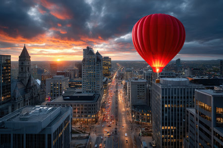 A dramatic view of a bustling city street at sunset, shot from a rooftop, with the mood of anticipation, using a wide-angle lens and natural lighting, with a red balloon floating unexpectedly in the skyの素材