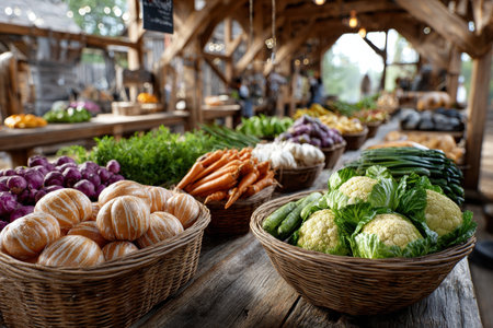 Baskets of fresh produce on a wooden table at a marketの素材