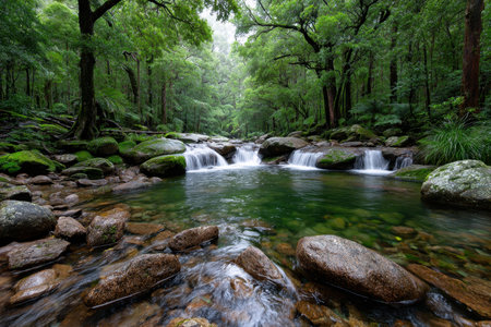 A clear stream flows over rocks in a lush green forestの素材