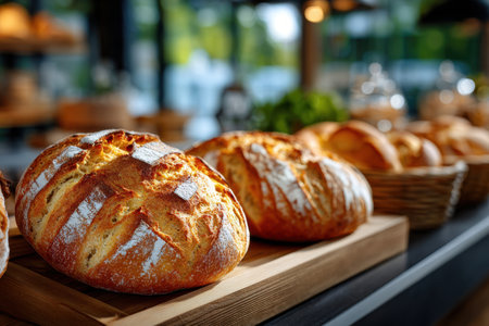 Freshly baked loaves of bread sit on a wooden display counterの素材
