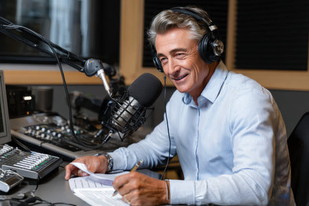 Man smiles while speaking into microphone, engaging in conversation and taking notes in broadcast studio.の素材