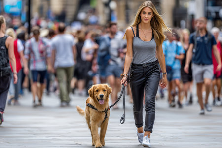 A young woman wearing casual attire strolls with her golden retriever through a crowded city street.の素材