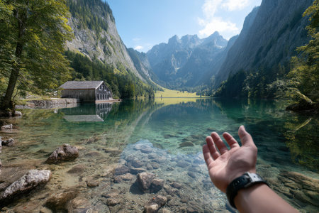 A hand extends over clear waters, framing a stunning lake and mountains under a bright sky.の素材