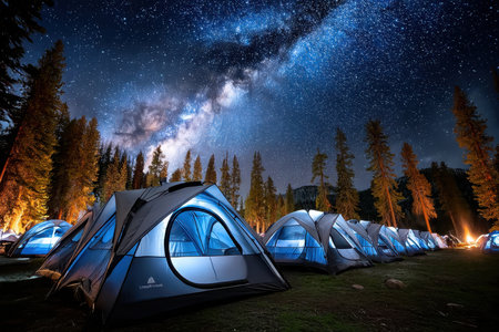 Tents glow under the Milky Way in a forested campground at nightの素材