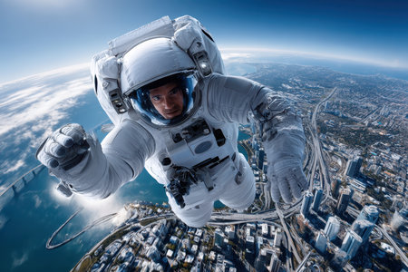 An astronaut is in freefall above a bustling city, showcasing stunning views of urban landscapes and clouds.の写真素材