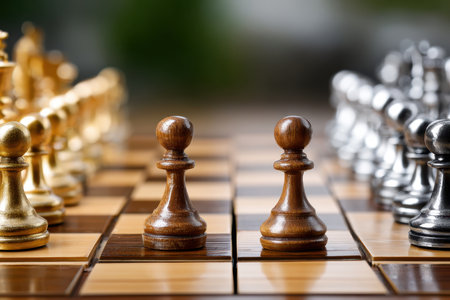 Two chess pawns stand ready on a wooden chessboard, set against a natural background during daylight.の素材