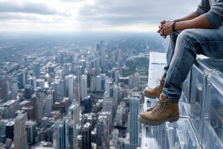 A person in casual attitude relaxes on a glass edge, taking in the expansive skyline below on a cloudy day.の素材