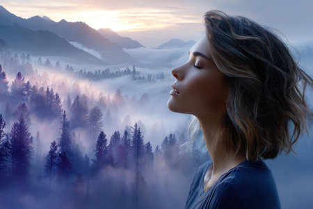A woman meditates peacefully in a mountain setting during sunrise, surrounded by mist-covered trees.の素材