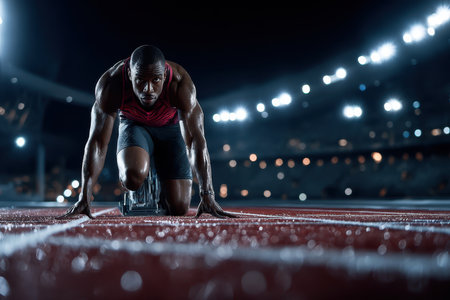 Athlete crouches on starting line at track, focused and ready to launch into a high-speed sprint.の素材