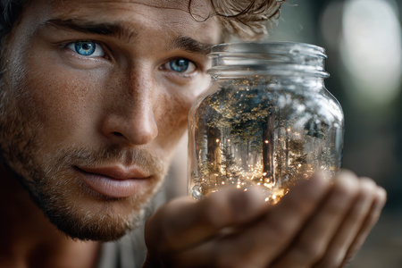 A young man gazes intently at a jar containing a miniature forest with glowing lights, showing nature's magic.の素材