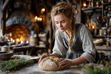 A young woman carefully shapes a loaf of bread in an inviting, rustic kitchen illuminated by candlelight.の素材