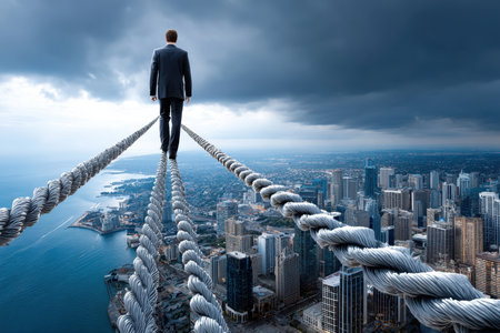 A businessman balances on a rope high above a city, with dramatic clouds and an expansive view of the skyline.の素材