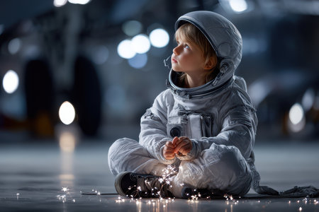 A young child dressed in a space suit sits on the ground, captivated by sparkling lights during a night event.の素材