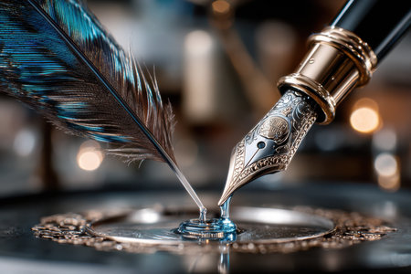 Close view of a detailed fountain pen and quill next to a polished surface reflecting warm golden tones.の素材