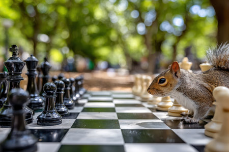 A squirrel sits on a giant chessboard in a parkの素材