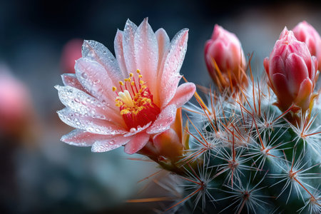 A closeup of a pink cactus flower covered in tiny water dropletsの素材
