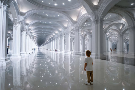 A young child stands in awe inside a grand hallway filled with arches and shimmering floors at midday.の素材
