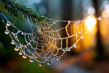 A close-up of a dew-kissed spider web in a forest at dawn, shot with a macro lens, showing the intricate beauty of natureの素材