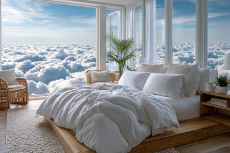 Bright and airy bedroom featuring cloud views from large windows and a cozy, inviting atmosphere.の素材