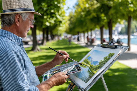 An elderly man is focused on painting a vibrant landscape in a tranquil park setting near the water.の素材