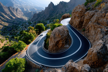A winding mountain road with a white car navigating its curvesの素材