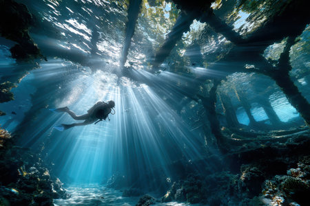 A scuba diver explores a sunlit underwater structureの素材