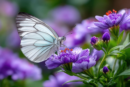 A white butterfly with black veins rests on a purple flowerの素材