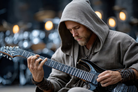 A skilled guitarist in a hooded cloak captivates the audience with an emotive performance outdoors.の素材