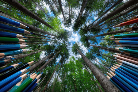 Colorful pencils frame a view of tall trees reaching for the sky in a serene forest on a bright day.の素材