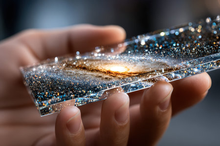 A person is holding a clear panel that showcases a detailed representation of a galaxy filled with stars.の素材