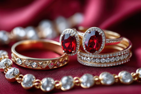 Gold rings with rubies and diamonds on red silk fabricの素材