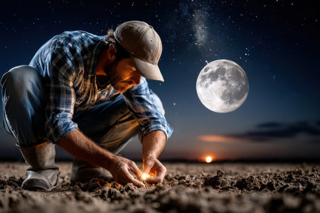 A farmer crouches low to the ground, planting seeds at twilight while the full moon illuminates the scene.の素材