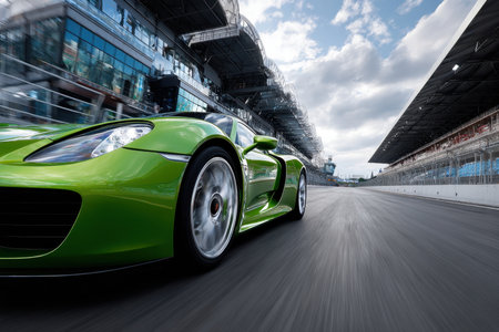 Green sports car drives fast on a racetrackの素材