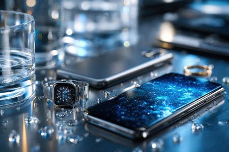 Electronic devices and jewelry on a wet metallic surfaceの素材