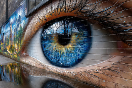 A large blue eye mural painted on a brick wall reflects in a puddle on the groundの素材