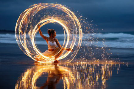 A woman spins a fiery circle on the beach as waves crash in the backgroundの素材