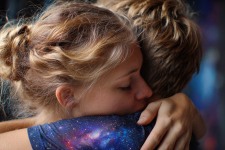 Two friends share a heartfelt hug, conveying comfort and understanding in a cozy indoor environment.の素材