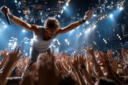 A dramatic shot of a rock concert, capturing energy and excitement, under dynamic stage lighting, using a wide-angle lens on a DSLR, where the lead singer is crowd surfing, ultrarealistic photo --ar 3:2 --raw --profile nk3i4wf --stylize 250 --v 7 Job ID: 51d8ffc0-2268-4227-87c4-2b97d91bd238の写真素材