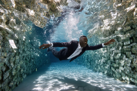 A suited individual swims through a pool filled with stacks of cash, highlighting themes of success and wealth.の写真素材
