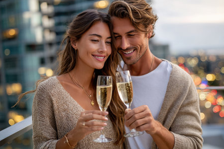 A joyful couple clinks champagne glasses while enjoying a sunset view from a modern city balcony.の素材