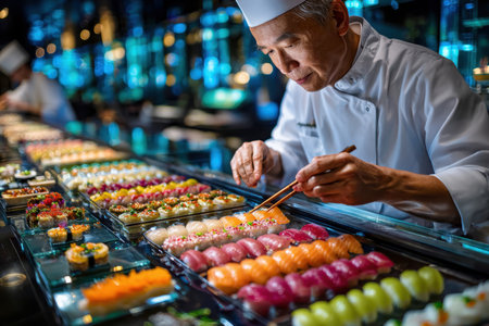 A chef prepares colorful sushi rolls at a restaurants sushi barの写真素材