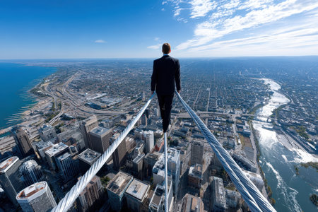A man dressed in a suit balances on a tight rope stretched between tall buildings, overlooking an urban landscape.の写真素材