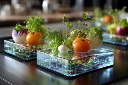 Fresh vegetables are artistically displayed on glowing trays in a contemporary kitchen setting.の素材