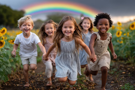 A group of multicultural children playing in a sunflower field at sunset, shot in a candid style with a 35mm lens, with a surprise rainbow appearing in the background, ultrarealistic photo --ar 3:2 --raw --profile nk3i4wf --stylize 250 --v 7 Job ID: d0dc1712-d4b8-42d3-abc0-3f0ffa45deb5の写真素材