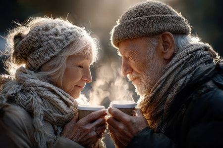 Two seniors share a moment of joy as they hold steaming cups in a serene outdoor setting, wrapped in cozy attire.の素材