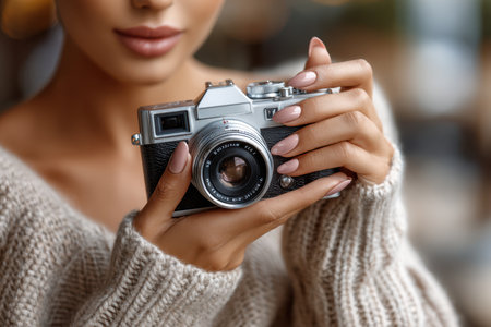 Young woman with a warm smile holds a classic camera while sitting indoors, capturing moments.の素材
