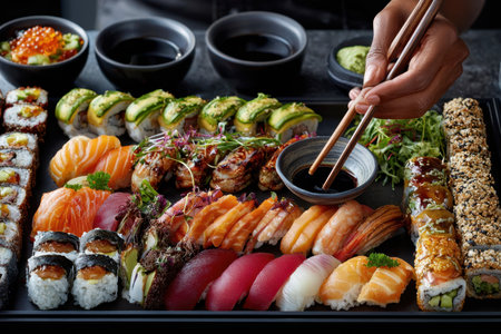 Colorful assortment of sushi on a black tray is served with chopsticks in an inviting dining atmosphere.の素材
