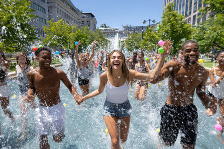 Groups of friends run through a busy city fountain, enjoying a sunny day while splashing water everywhere.の素材