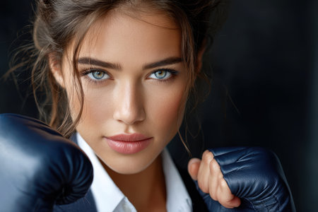 Young woman in boxing gloves showcases determination and strength prior to a fight in training area.の素材