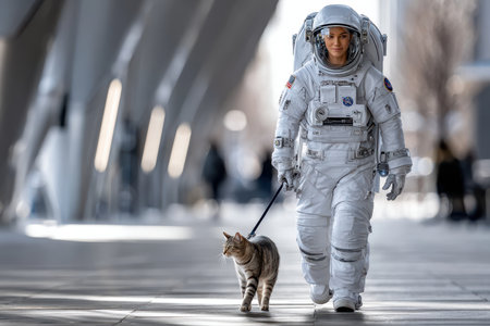 An astronaut walks a tabby cat down a modern street, surrounded by people and sleek architecture.の写真素材